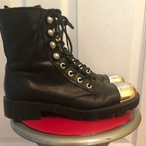 ZARA black leather boots with steel toe clips- size 8, pearl lace hook details